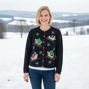 NWT Vintage Y2K Christmas Sweater Leopard Fur Sleighs Sequins/Pearls Size Large